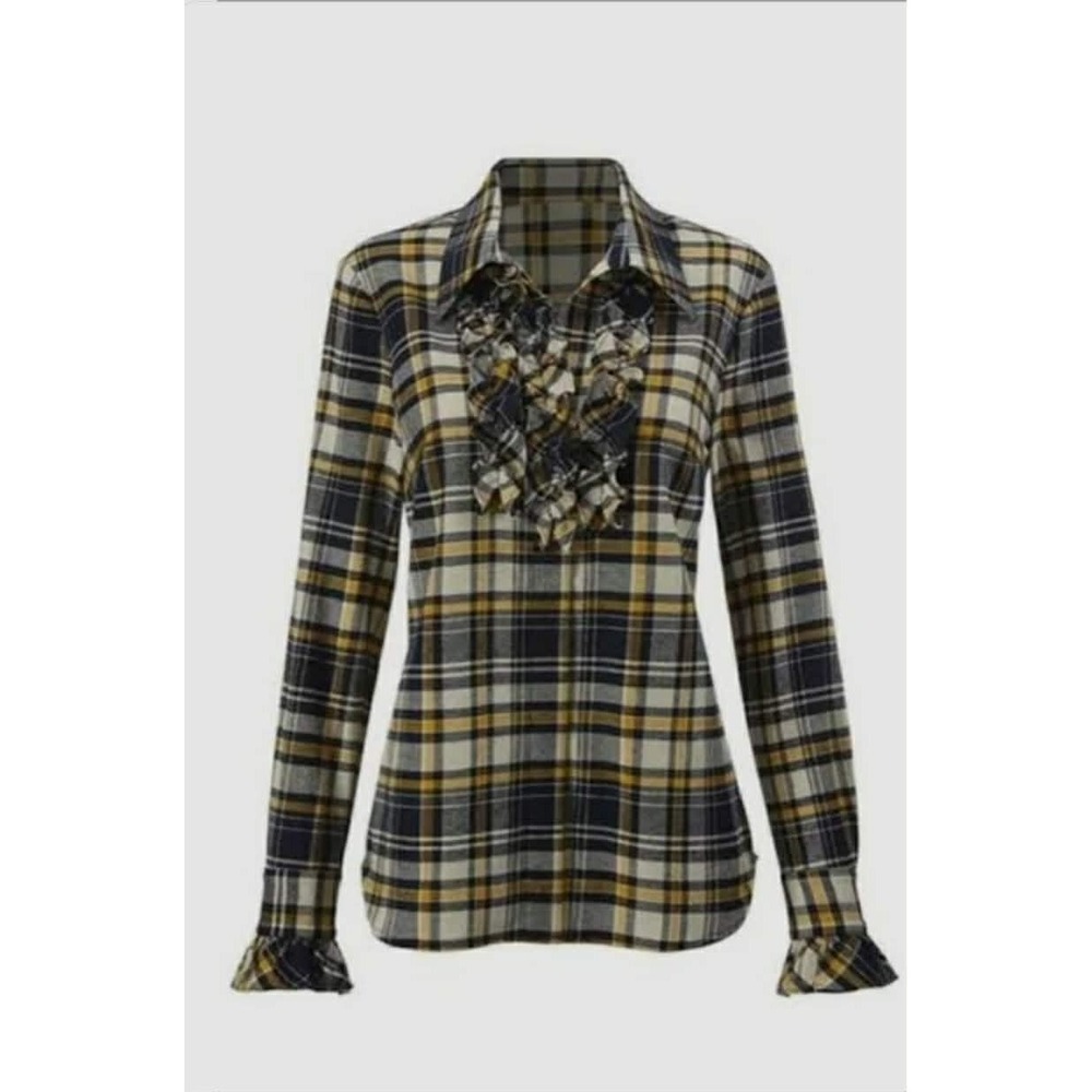 Cabi Seattle Shirt Women Size Small Yellow Plaid Flannel Ruffle Detail Button Up